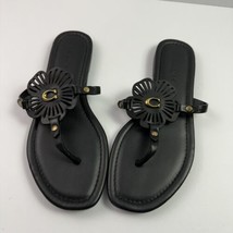 Coach Julia Black on Black Leather Flat Sandals Flower Women’s Sz 7.5 - £45.54 GBP