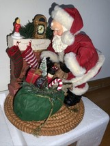 Christmas Santa Claus Fireplace Fabric Mache Figurine Décor 10&quot; Tabletop - £23.79 GBP