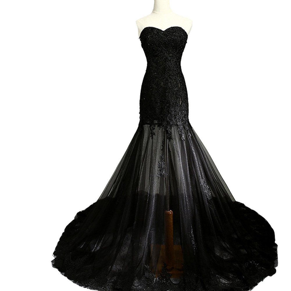 Kivary Sheer Black Tulle Lace Sweetheart Corset Back Formal Mermaid Prom Evening