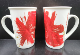 (2) Starbucks Red Floral Burst 2014 Mugs Set 12 Oz Abstract Art Holiday ... - $29.67