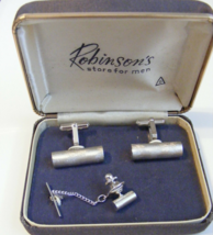 Vintage brushed silver tone cylinder 10.5 mm tie tack &amp; cuff links boxed set - £19.52 GBP