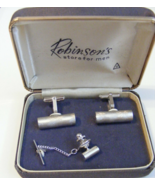 Vintage brushed silver tone cylinder 10.5 mm tie tack &amp; cuff links boxed... - £19.69 GBP