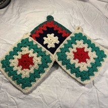 Vintage 3 Christmas Pot Holders Hot Pads Granny Squares Crochet Trivets Afghan - $15.99