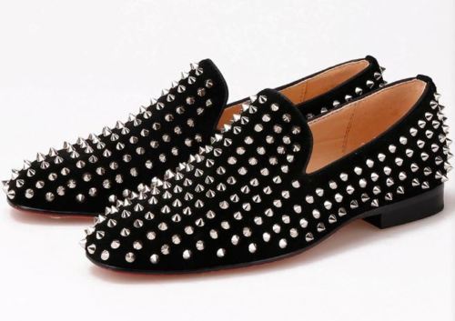 New Handmade Men Black Velvet Loafers Silver Studs Red Bottom Slip-on Loafers 20