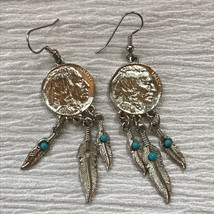 Estate Silvertone Faux  Head Nickel with Feather Charms Southwest Dangle E - $8.59