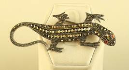 Vintage Sterling Silver 925 Reptile Lizard Marcasite Red Eyes Stone Brooch Pin - £35.60 GBP