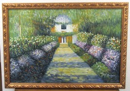 A Pathway In Monet&#39;s Garden At Giverny by L. Penair Framed Canvas Oil Painting  - £221.47 GBP