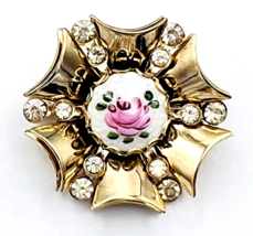 Vintage Gold Tone Enamel Rose Brooch Pin - £14.24 GBP