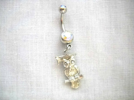 New Graduation Owl W Cap Bird Charm On 14g Aurora Borealis Cz Stone Belly Ring - £4.47 GBP