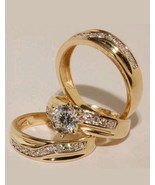 14K Yellow Gold Finish His &amp; Her 2Ct Diamond Wedding Ring Bands Trio Bri... - $140.95 CAD