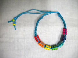 TURQUOISE BLUE MACRAME w COLORFUL RAINBOW WOOD BEADS TIE ON BRACELET OR ... - $91.40 MXN