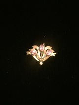 Vintage 40s brass floral bloom brooch with 3 bright pink rhinestone gems image 2