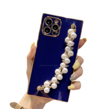 Anymob iPhone Case Blue Pearl Diamond Bracelet Square Plating Soft Chain  - £22.72 GBP
