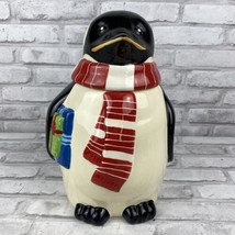 Nonnis Penguin Christmas Holiday Hand Painted Ceramic Cookie Jar Canister - £22.24 GBP