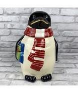 Nonnis Penguin Christmas Holiday Hand Painted Ceramic Cookie Jar Canister - £22.40 GBP