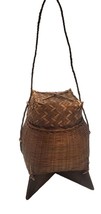 Vintage Asian Bamboo Rattan Wood Base Rice Basket  Height 9.5&quot; x 7&quot; Width - £32.85 GBP