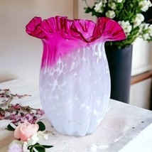 Vtg MURANO Style Hand Blown Art Glass Ruffled Cranberry &amp; White Spatter 8&quot; Vase - $41.58