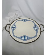 Antique Blue &amp; white Geometric German art nouveau porcelain and metal tray - $79.00