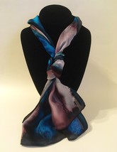 Hand Painted Silk Scarf Silver Turquoise Plum Purple Oblong Head Neck Best Gift  - £44.28 GBP