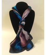 Hand Painted Silk Scarf Silver Turquoise Plum Purple Oblong Head Neck Be... - £45.03 GBP