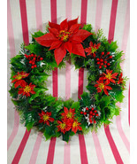 Glorious Mid Century Plastic Holly Berry &amp; Poinsettia 13&quot; Christmas Wreath - £21.72 GBP