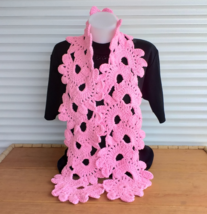 Handmade knitted soft long spring scarf, crochet pink lace neck warmer s... - £28.77 GBP