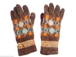 Vintage Hand Knitted Patterned Gloves 1920s-30s Womens Brown Blue Orange  - $30.29