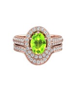 Oval Cut Peridot Engagement Ring Set 14K Solid Rose Gold Curved Diamond ... - £1,273.45 GBP