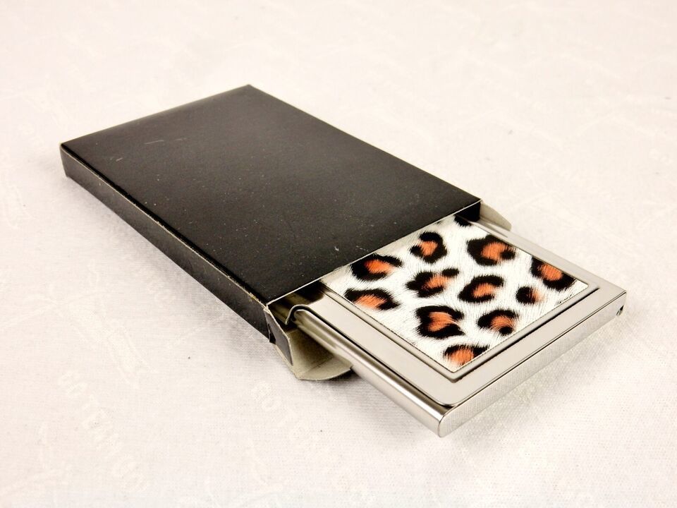 Ladies&#39; Business Card Case, Leopard Print, Metal w/Hinged Lid, PLT#7 - $7.79