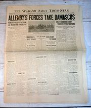 Wabash, IN Daily Times-Star, Oct. 2, 1918 - Allenby Takes Damascus, Thed... - £15.51 GBP