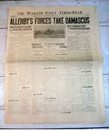 Wabash, IN Daily Times-Star, Oct. 2, 1918 - Allenby Takes Damascus, Thed... - £15.53 GBP