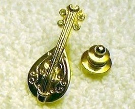 j89 Mandolin Pin Tie Tac Gold Tone with Rhinestones - £3.97 GBP