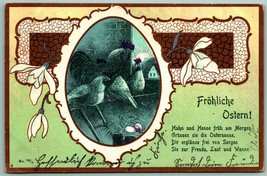 Froliche Ostern German Poem Hen and Rooster Art Nouveau 1905 UDB Postcard G12 - $15.79