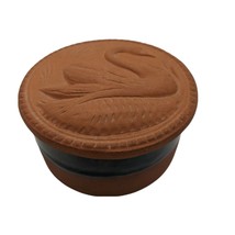 Clay Ceramic Trinket Box Round Black Glazed Embossed Swan on Lid 3.75&quot;W 1.5&quot;H - £15.03 GBP