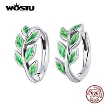 925 Sterling Silver Spring Plants Green Leaf Round Hoop Stud Earrings For Women  - £19.23 GBP