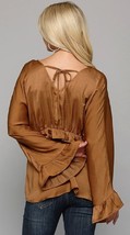 New Gigio by Umgee Small Bronze Washed Satin Bell Sleeve Peplum Blouse Back Tie - £21.54 GBP