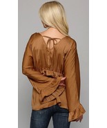 New Gigio by Umgee Small Bronze Washed Satin Bell Sleeve Peplum Blouse B... - £21.20 GBP