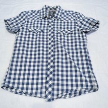 H&amp;M Men&#39;s Blue Plaid Short Sleeve Snap Shirt Fitted Size M LOGG Western - £11.16 GBP