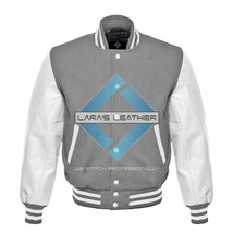 Top College Letterman Varsity Grey Wool Jacket/ White Real Leather Sleev... - £70.87 GBP