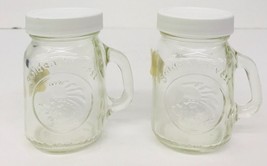 Vintage Golden Harvest Glass Salt &amp; Pepper Shakers Jar Mugs Clear White Cap - $9.89