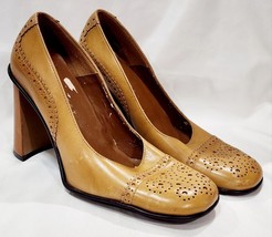 Nine West BROWN TAN Leather Platform Heel Punched Pebbled Pump Women 6.5... - $35.00