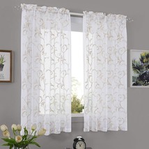 Floral Embroidery Sheer Curtains, Beige, 52&quot; X 45&quot;, Vintage Rod Pocket, Parlor. - £32.00 GBP