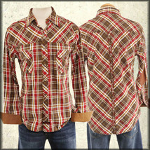 Fender Western Rock Mens Long Sleeve Button Up Dress Shirt Brown Red Pla... - $67.39