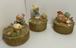 Vintage lot of three Elves elf mushroom Trinket Boxes Homco Adorable - £20.92 GBP