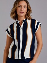 Women Top Unbranded Women V-Neck Short Sleeve Top Size L Blue/Brown/White - $141.27 MXN
