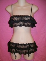 Fantasy Black Floral Lace Bralette and Gartered Skirt Set: One Size - £19.99 GBP