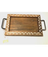 Natural Wood Serving Tray Metal Handles India Brown White Spotted Trim New - $14.07