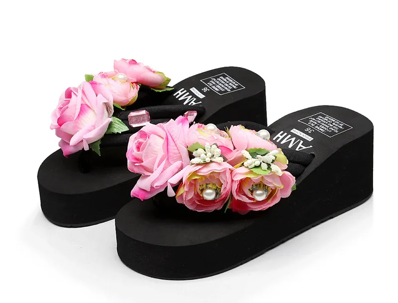 Slippers Women Handmade Slippers Summer Flip Flop Flowers Female High Heel Ladie - $52.44