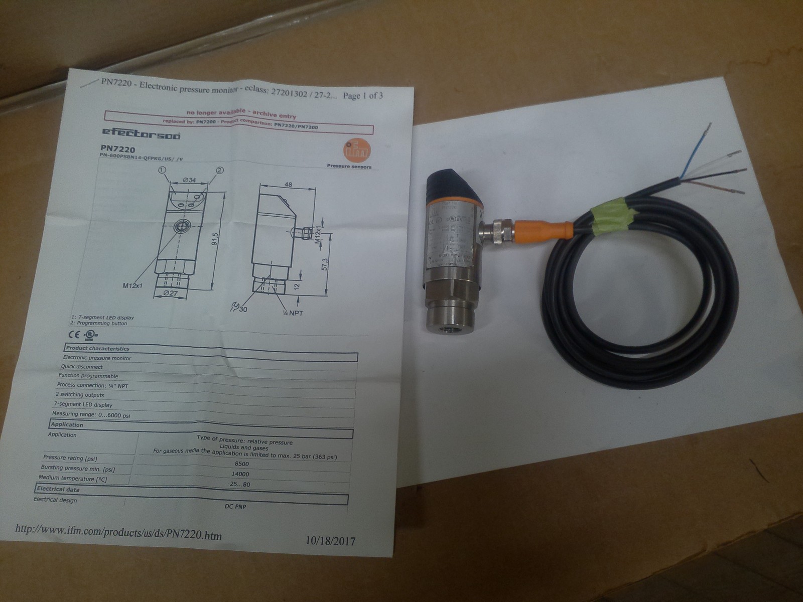 IFM /EFFECTOR PN7220 PROGRAMMABLE PRESSURE SWITCH / 0-6000PSI MAX / 18-3... - $68.59