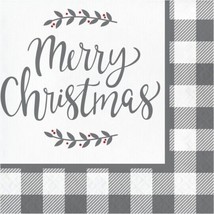 Gray and White Check Merry Christmas Lunch Paper Napkins 16 Pack Tableware - £8.78 GBP